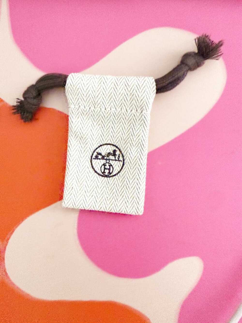 Hermes Small Drawstring Pouch in Beige with Brown Cord 2.25x1.8